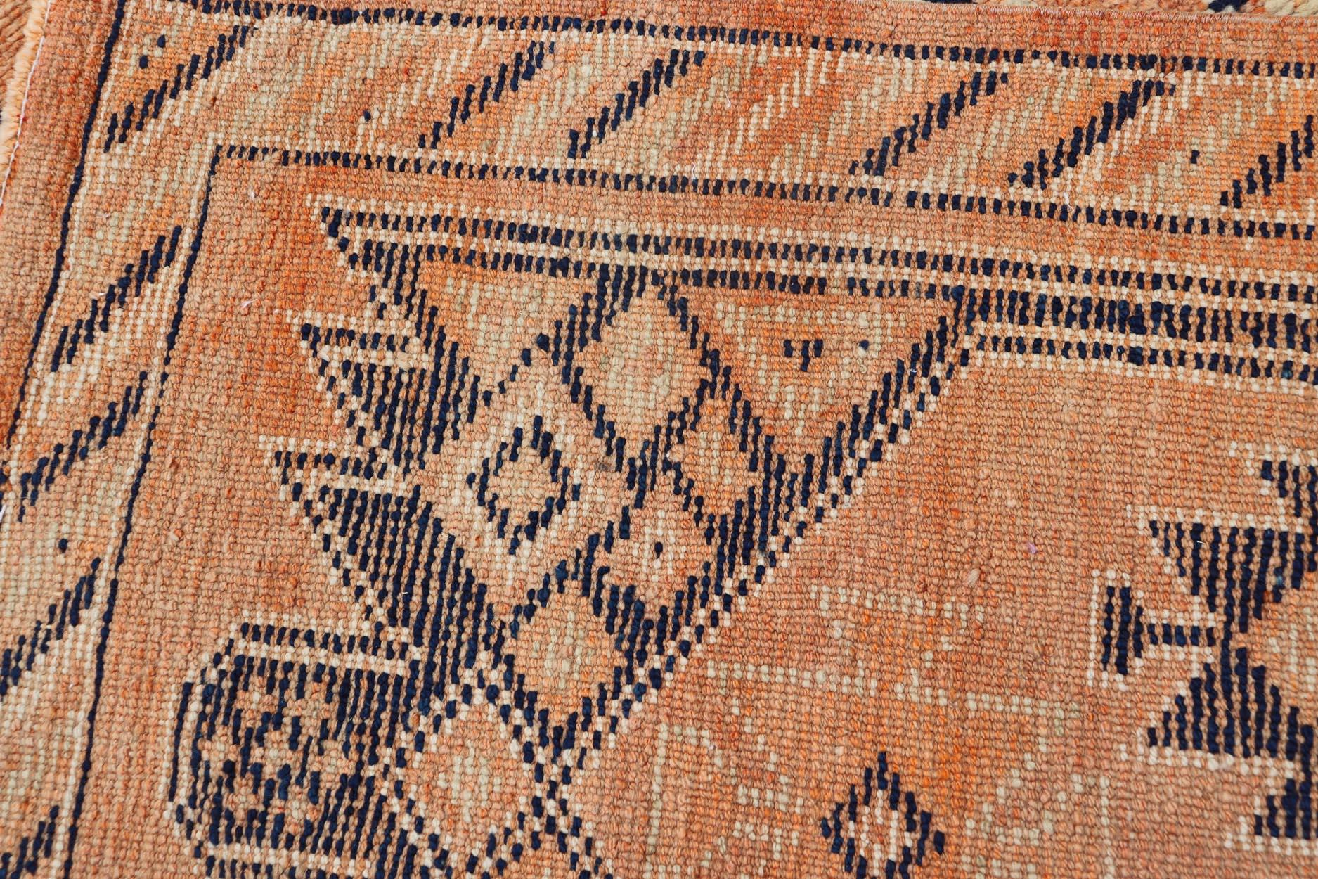 Tribal Medallion Design Vintage Turkish Runner in Orange and Navy Blue For Sale 4