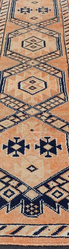 Tribal Medallion Design Vintage Turkish Runner in Orange and Navy Blue