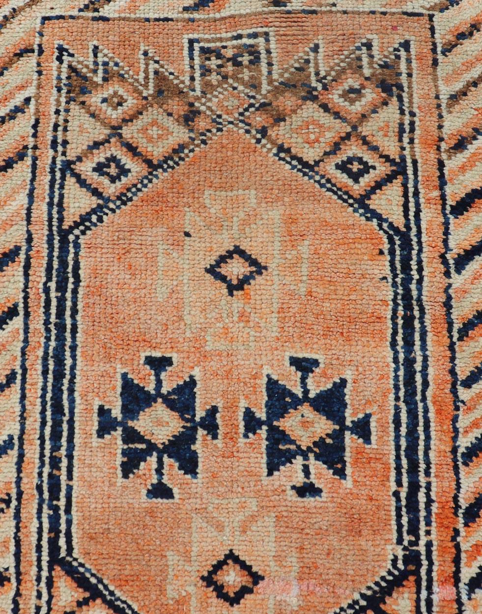 Hand-Knotted Tribal Medallion Design Vintage Turkish Runner in Orange and Navy Blue For Sale