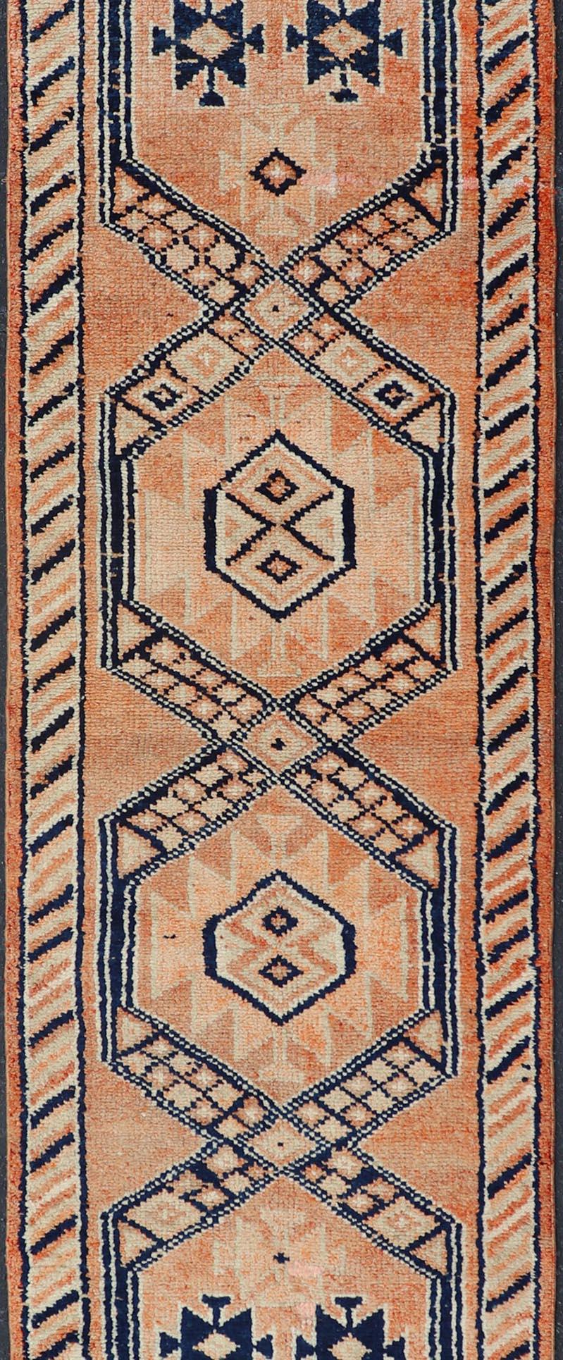 Tribal Medallion Design Vintage Turkish Runner in Orange and Navy Blue For Sale 1