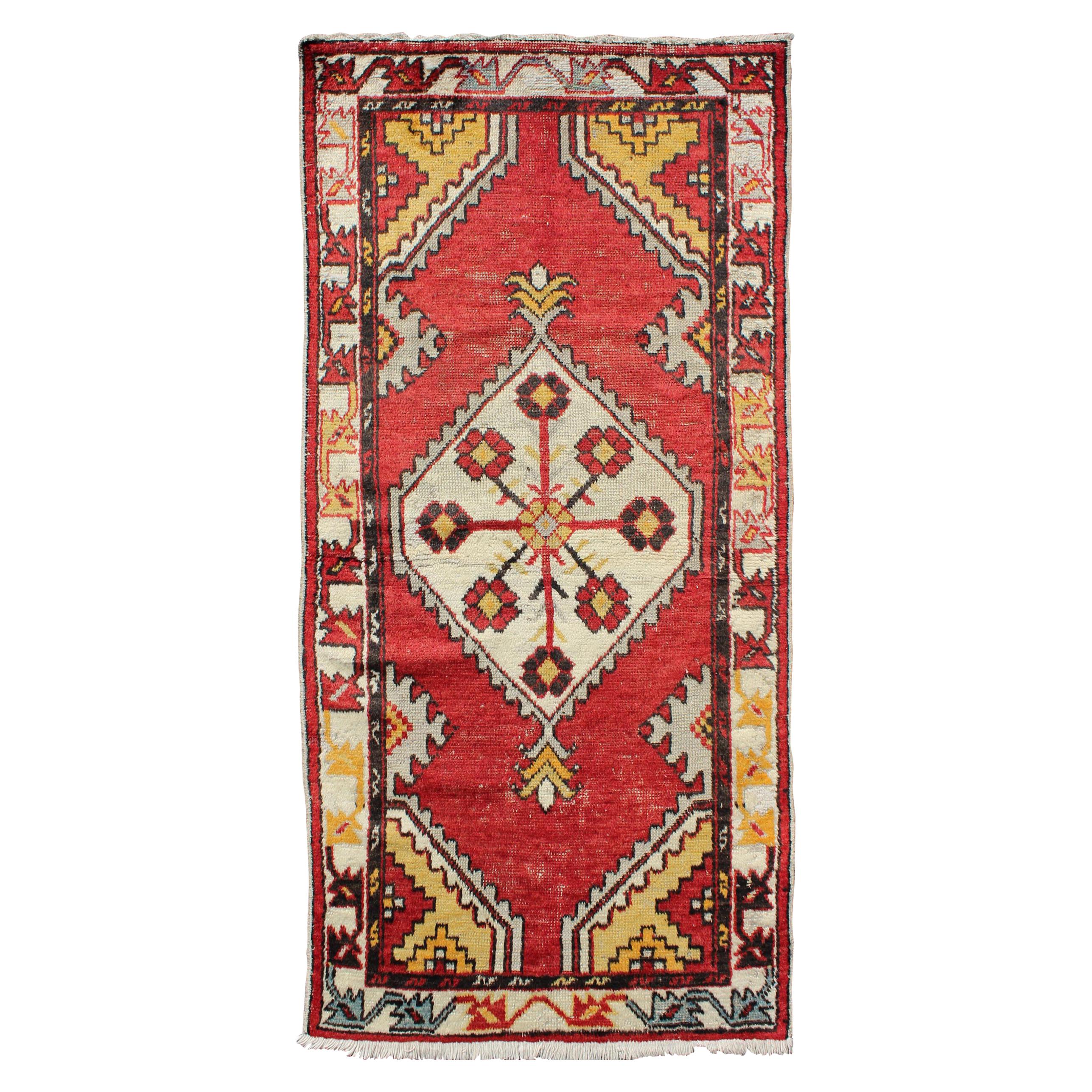 Tribal Medallion Vintage Turkish Oushak Rug in Red, Brown, Gray, Yellow For Sale