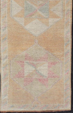 Tribal Medallion Vintage Turkish Oushak Runner in Orange, Blue and Cream