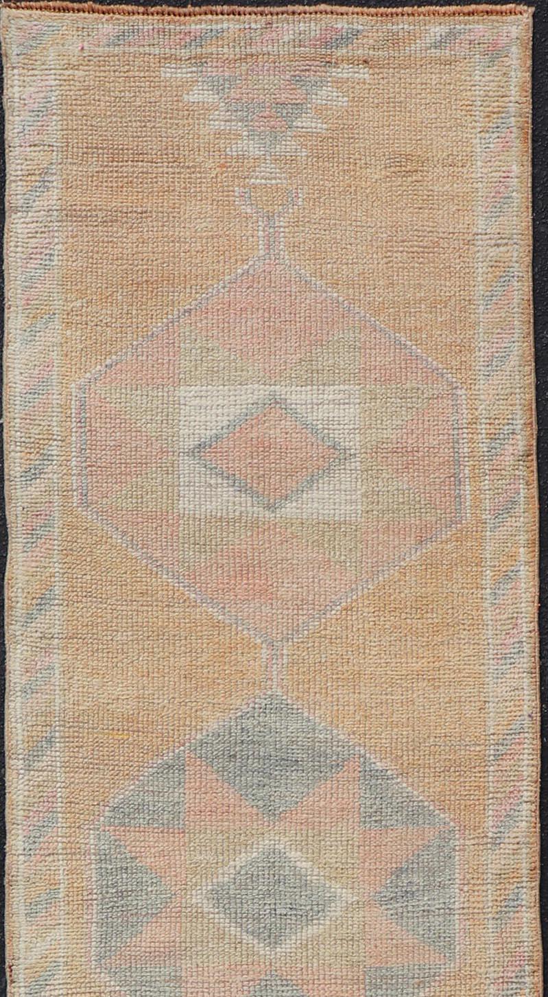 Hand-Knotted Tribal Medallion Vintage Turkish Oushak Runner in Orange, Blue and Cream For Sale