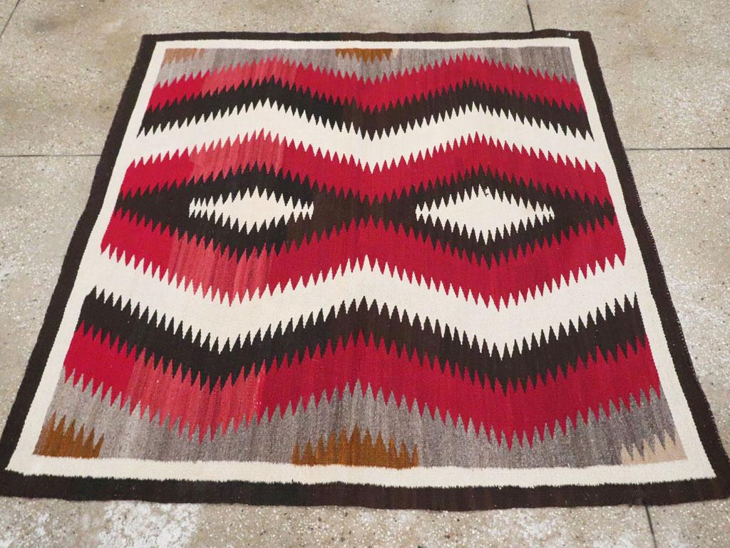 Wool Tribal Mid-20th Century Handmade American Flatweave Navajo Square Accent Rug For Sale