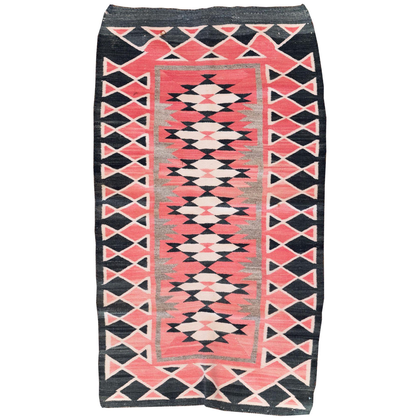 Tapis tribal américain Navajo tissé à plat du milieu du 20e siècle, fait à la main