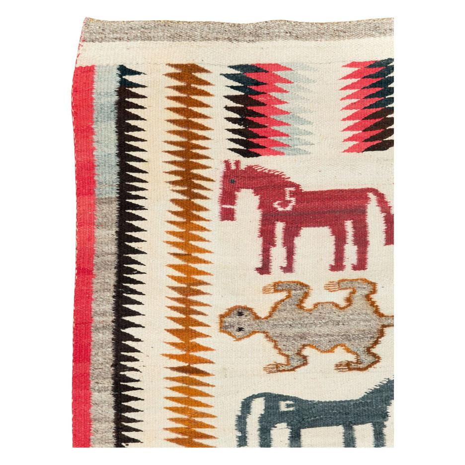 Hand-Woven Tribal Mid-20th Century Handmade American Pictorial Flatweave Navajo Throw Rug For Sale