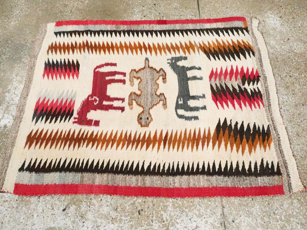 Tribal Mid-20th Century Handmade American Pictorial Flatweave Navajo Throw Rug 1