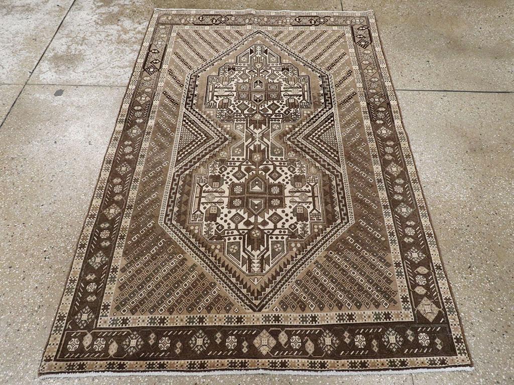 Tribal Mid-20th Century Handmade Persian Afshar Throw Rug in Brown and Cream In Excellent Condition For Sale In New York, NY