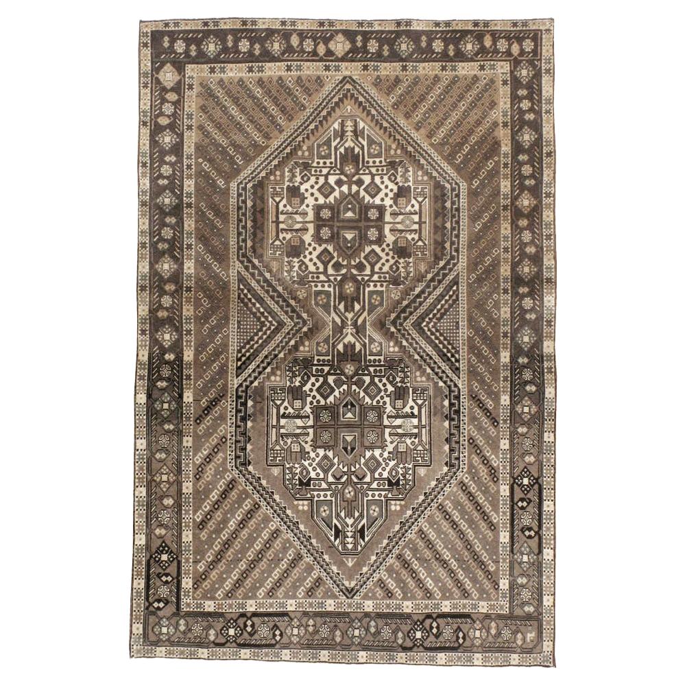 Tribal Mid-20th Century Handmade Persian Afshar Throw Rug in Brown and Cream