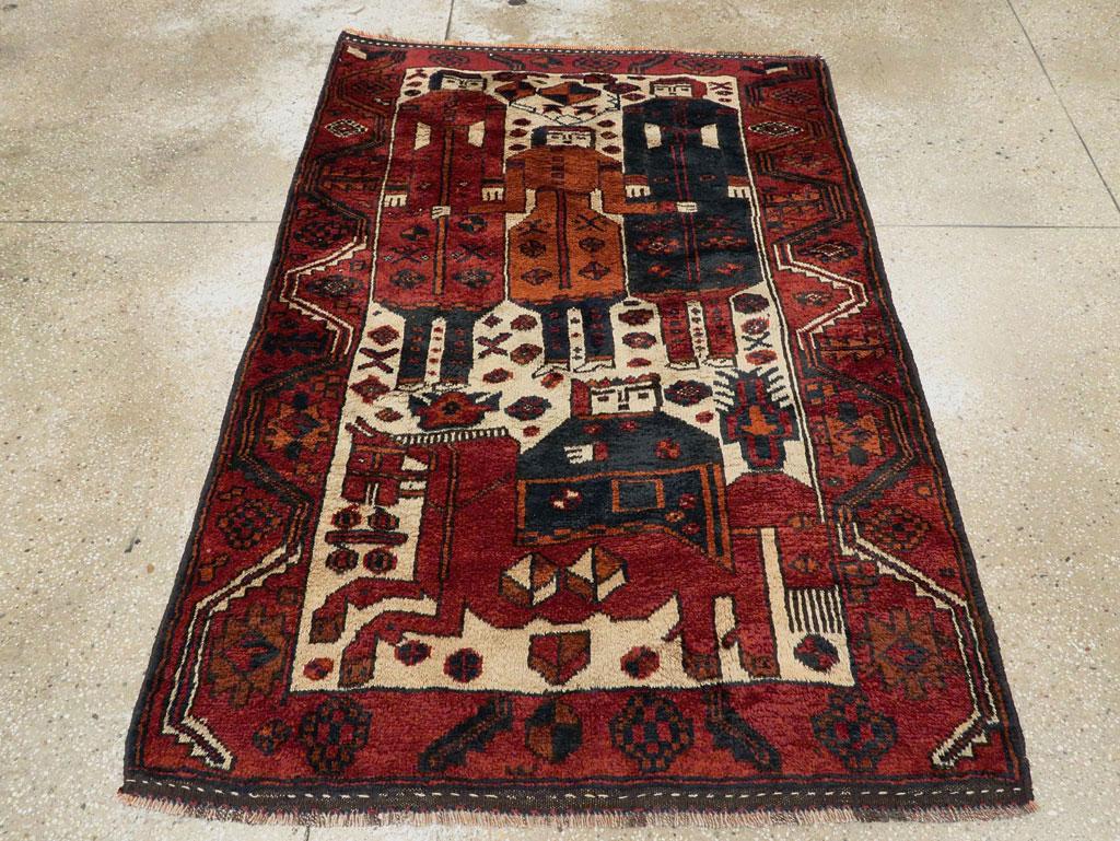 Hand-Knotted Tribal Mid-20th Century Handmade Persian Bakhtiari Pictorial Accent Rug For Sale