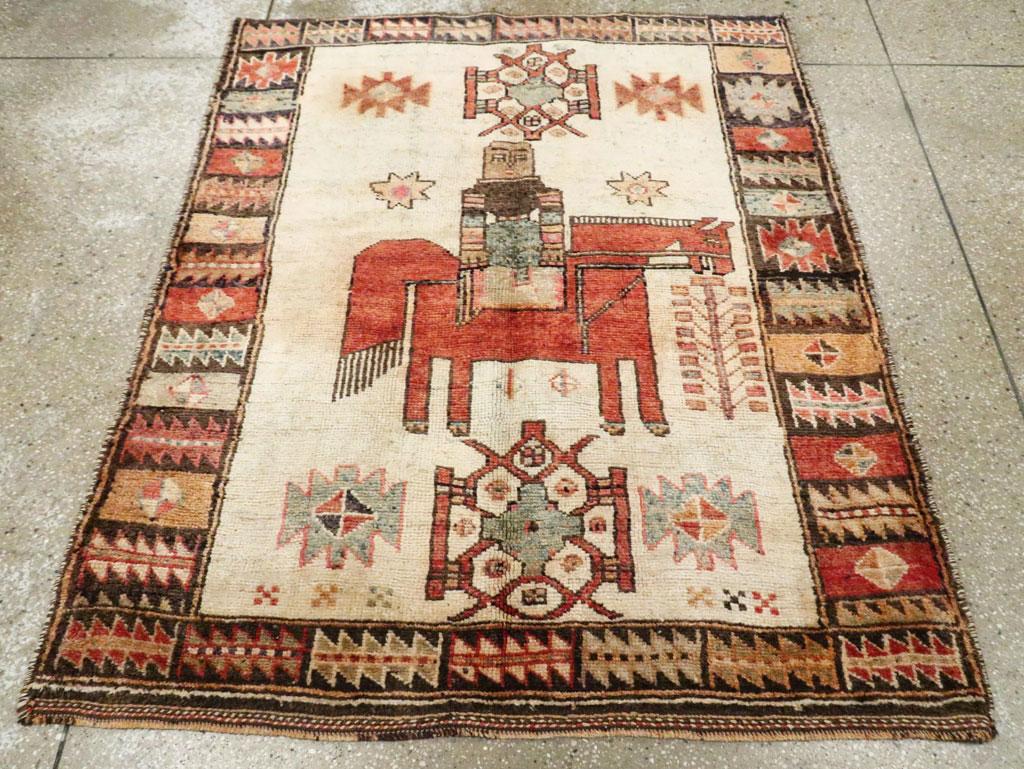 Hand-Knotted Tribal Mid-20th Century Handmade Persian Bakhtiari Pictorial Square Accent Rug For Sale