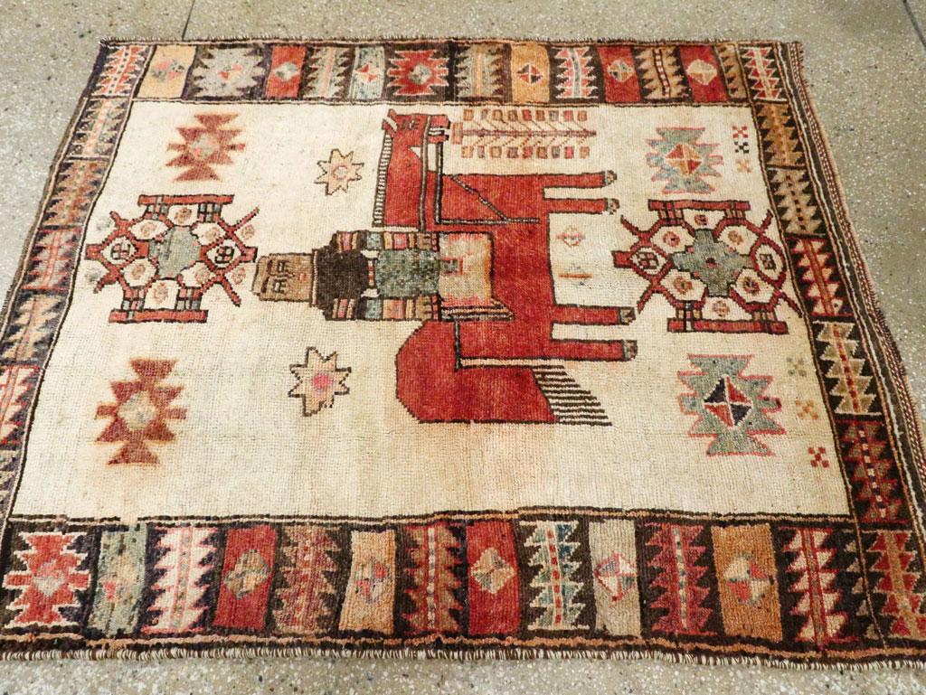 Wool Tribal Mid-20th Century Handmade Persian Bakhtiari Pictorial Square Accent Rug For Sale