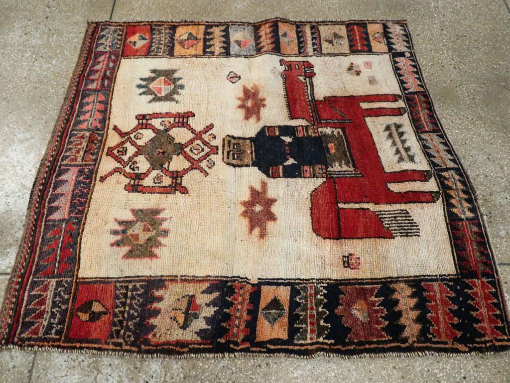 Wool Tribal Mid-20th Century Handmade Persian Bakhtiari Pictorial Square Accent Rug For Sale