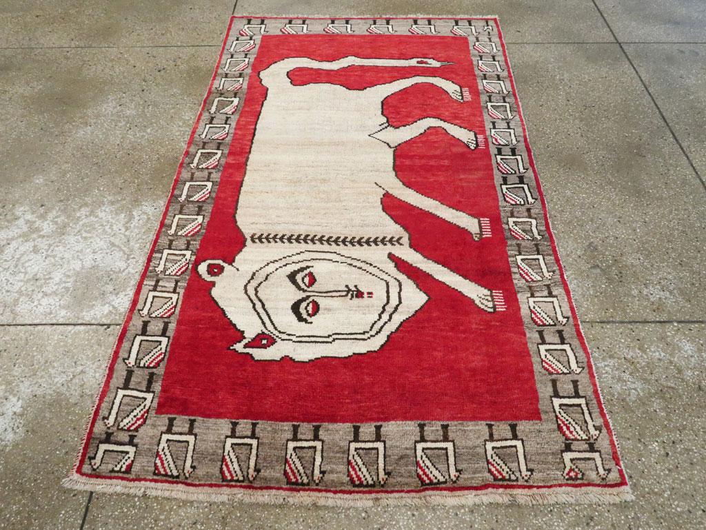 Wool Tribal Mid-20th Century Handmade Persian Pictorial Gabbeh Accent Rug For Sale