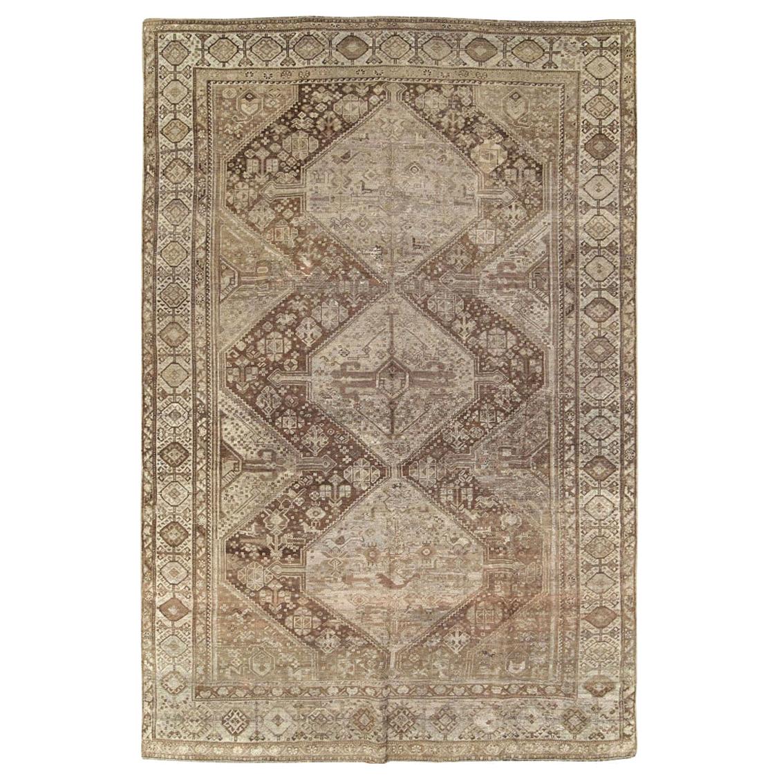 Tribal Mid-20th Century Handmade Persian Shiraz Accent Rug in Cream and Brown