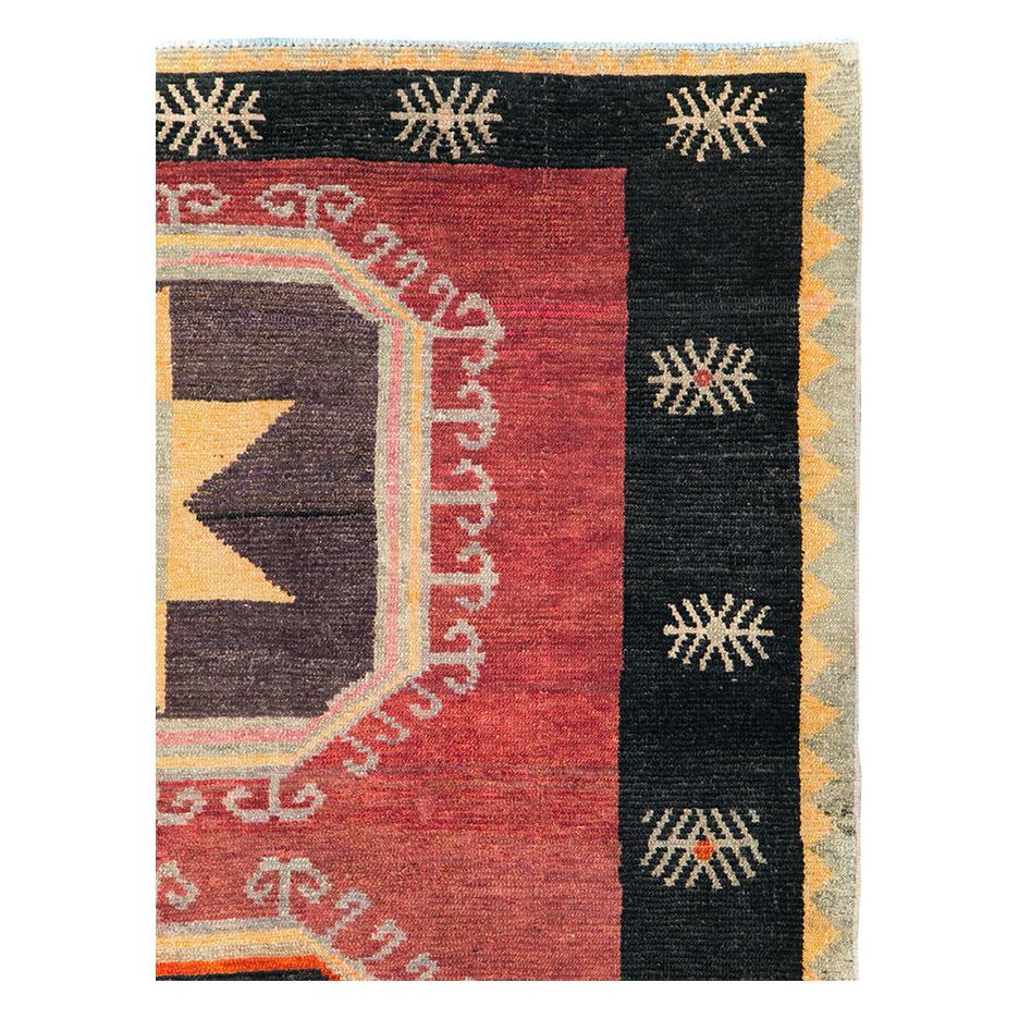 Hand-Knotted Tribal Mid-20th Century Handmade Turkish Anatolian Accent Carpet in Red & Black