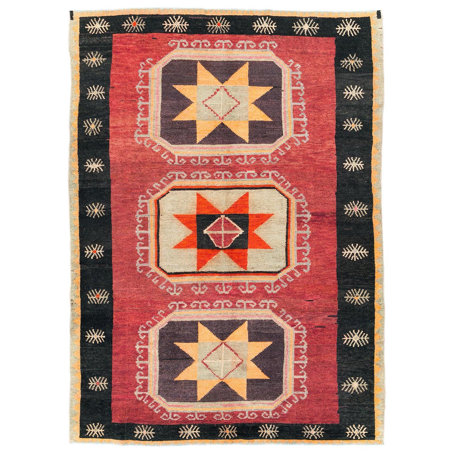 Tribal Mid-20th Century Handmade Turkish Anatolian Accent Carpet in Red & Black