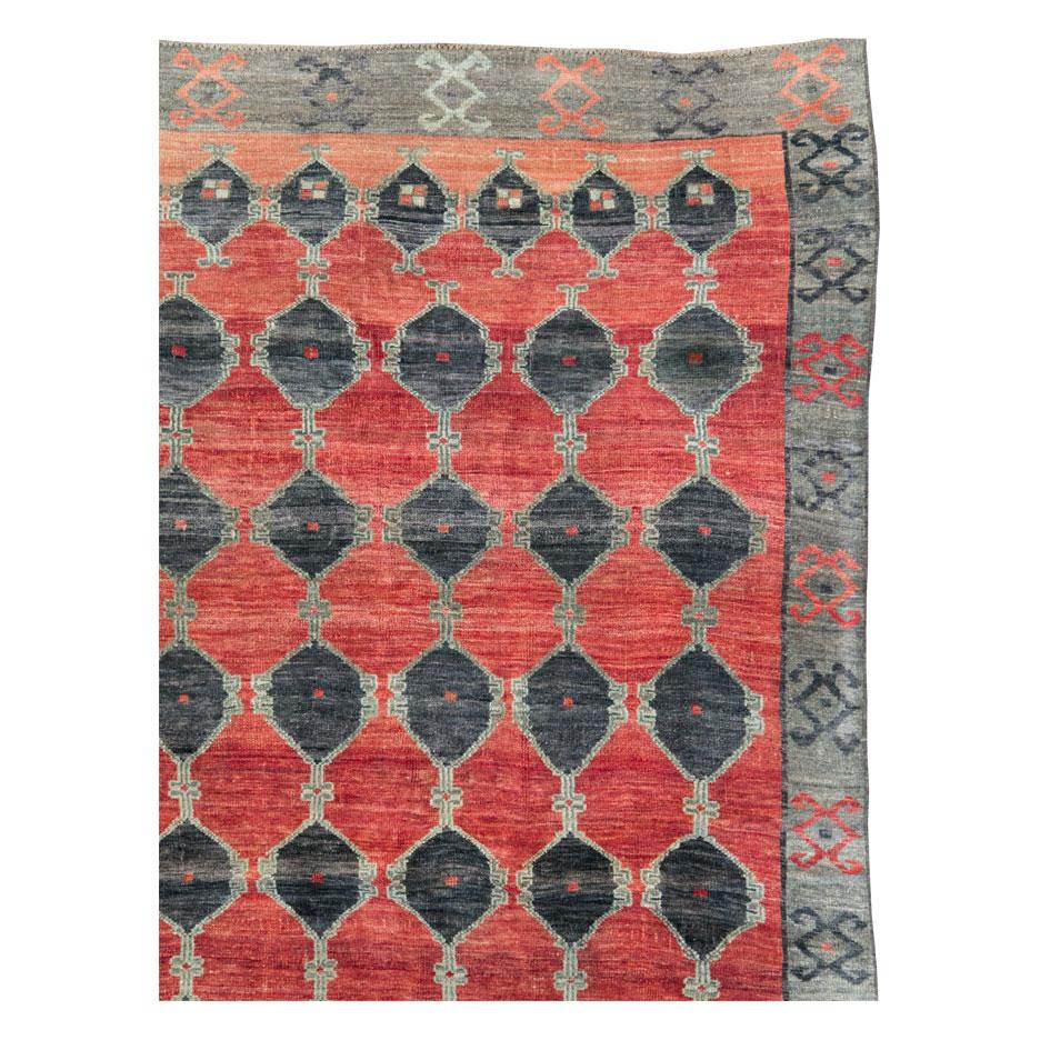 Hand-Knotted Tribal Mid-20th Century Handmade Turkish Anatolian Room Size Carpet in Red For Sale