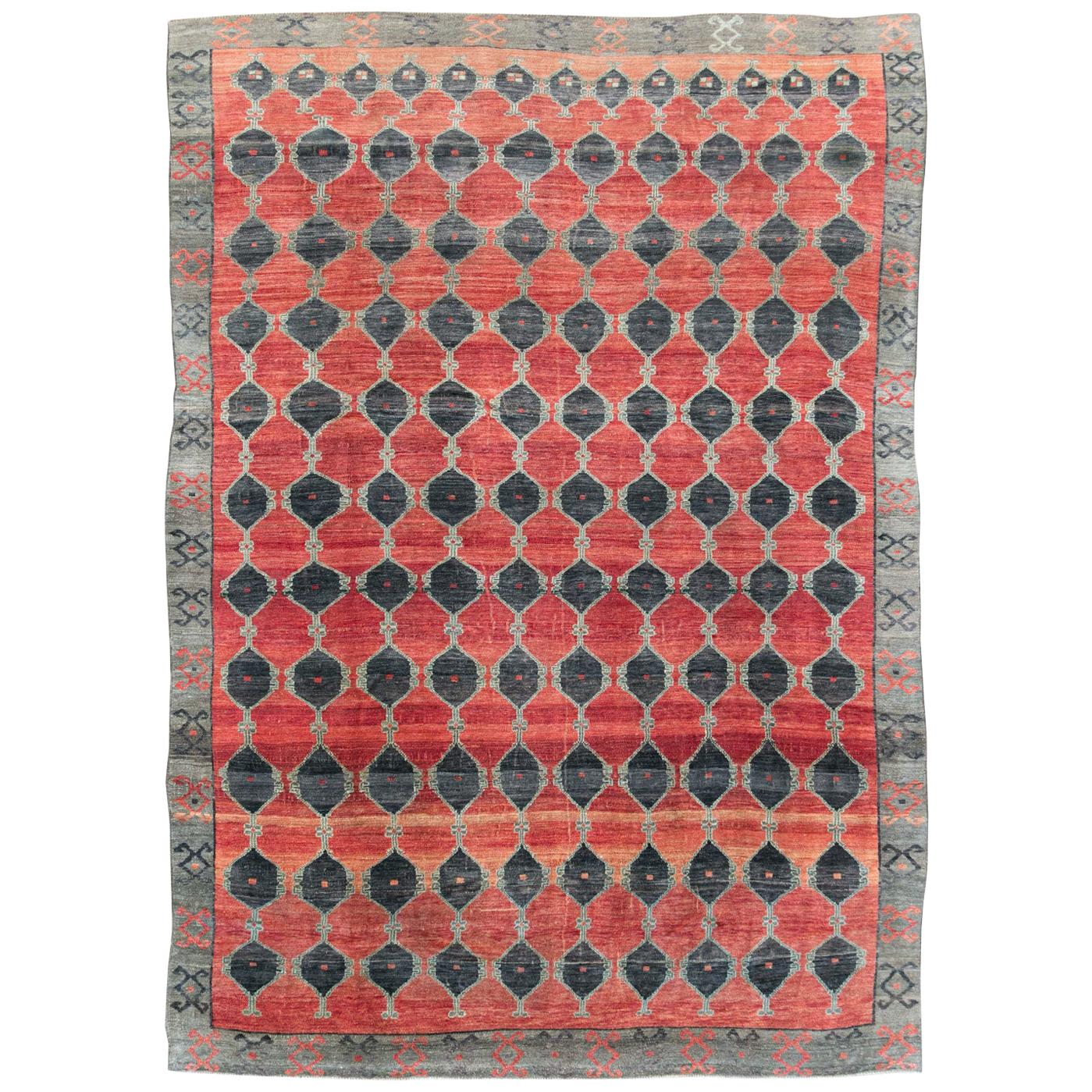 Tribal Mid-20th Century Handmade Turkish Anatolian Room Size Carpet in Red For Sale