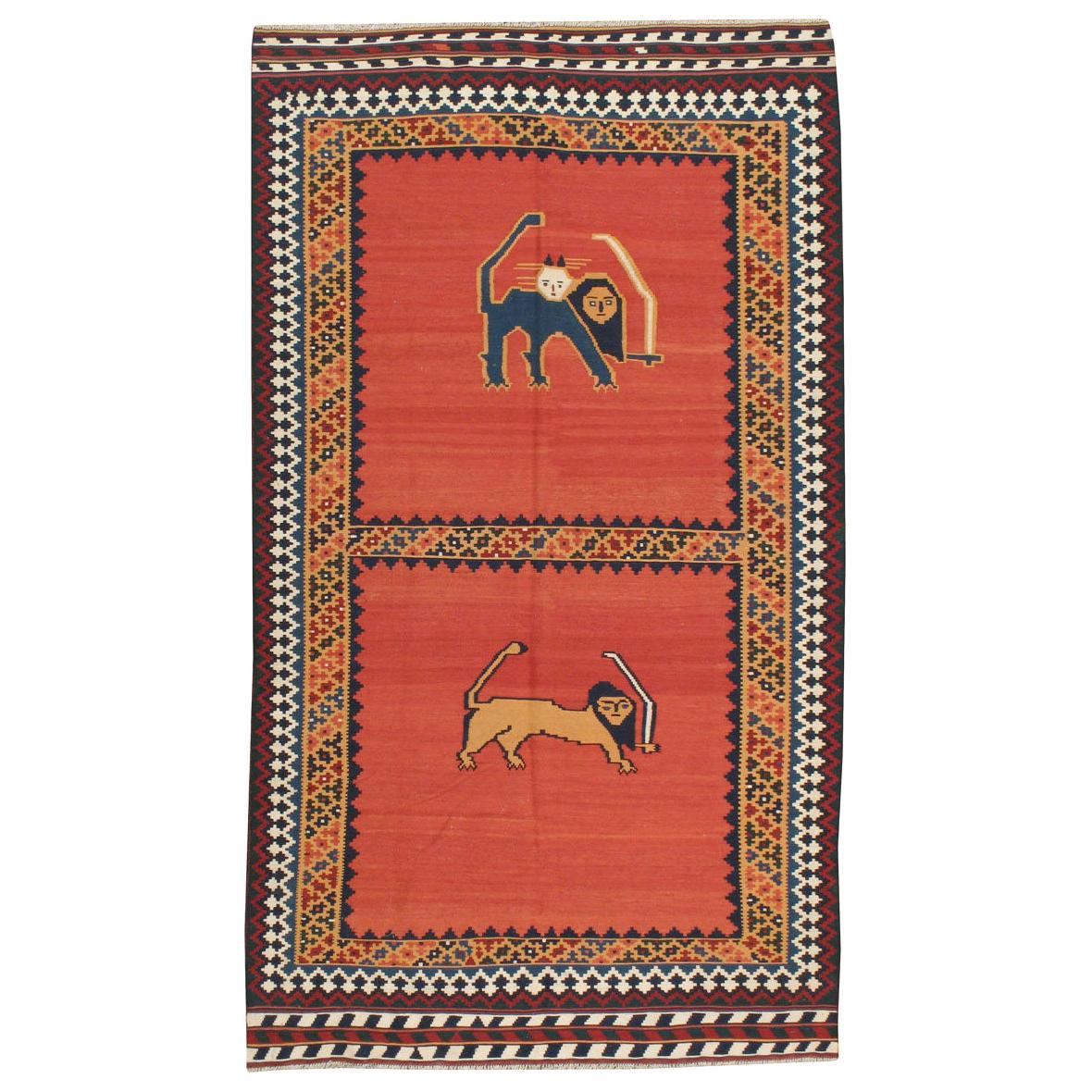 Tribal Mid-20th Century Persian Qashqai Pictorial Flat-Weave Kilim Accent Rug For Sale