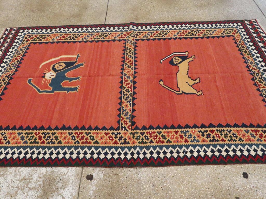 Wool Tribal Mid-20th Century Persian Qashqai Pictorial Flat-Weave Kilim Accent Rug For Sale