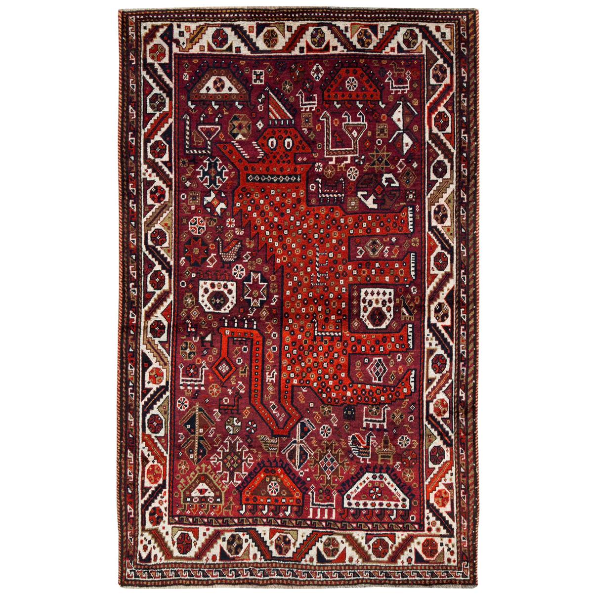 Tribal Mid-20th Century Persian Qashqai Pictorial Lion Accent Rug in Burgundy For Sale