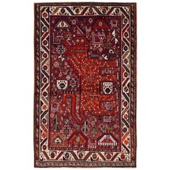 Retro Tribal Mid-20th Century Persian Qashqai Pictorial Lion Accent Rug in Burgundy