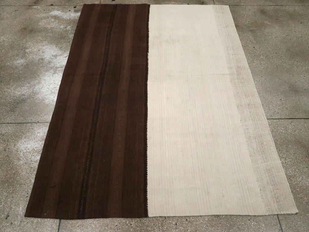 Wool Tribal Mid-20th Century Turkish Flatweave Kilim Accent Rug in Brown & Cream For Sale