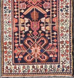 Tribal Midcentury Persian Hamedan Rug in Midnight Blue, Red, Green and Brown