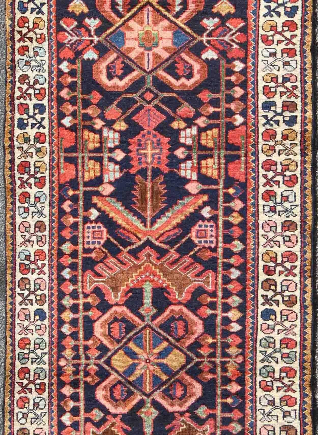 Malayer Tribal Midcentury Persian Hamedan Rug in Midnight Blue, Red, Green and Brown For Sale
