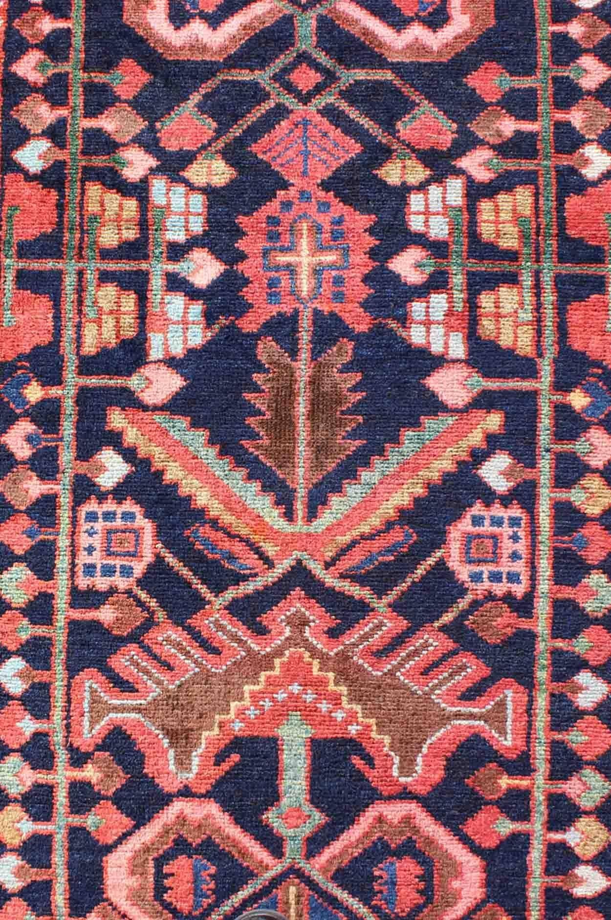 Tribal Midcentury Persian Hamedan Rug in Midnight Blue, Red, Green and Brown In Excellent Condition For Sale In Atlanta, GA