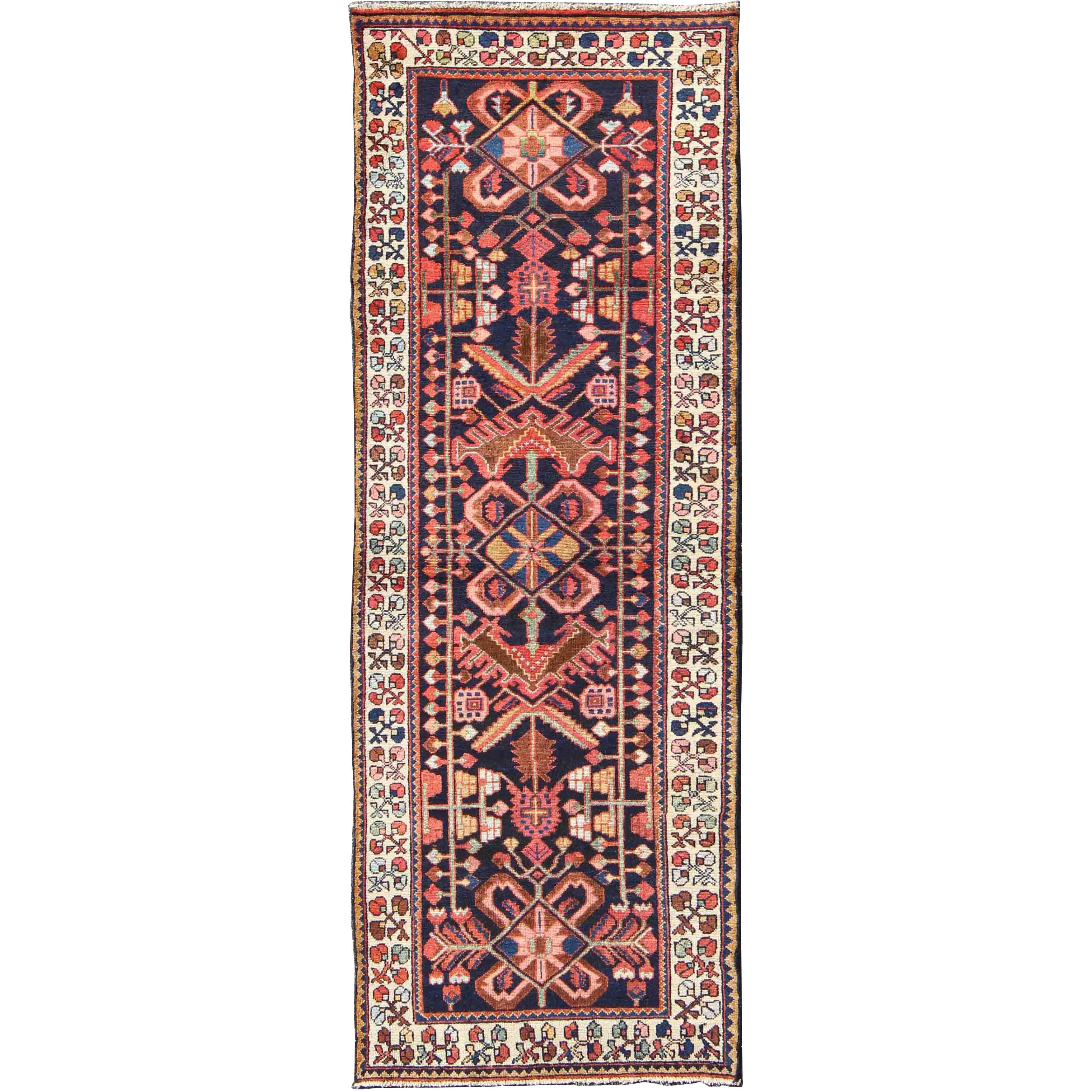 Persischer Hamedan-Teppich aus der Mitte des Jahrhunderts in Mitte des Jahrhunderts in Mitternachtsblau, Rot, Grün und Braun, Stammeskunst