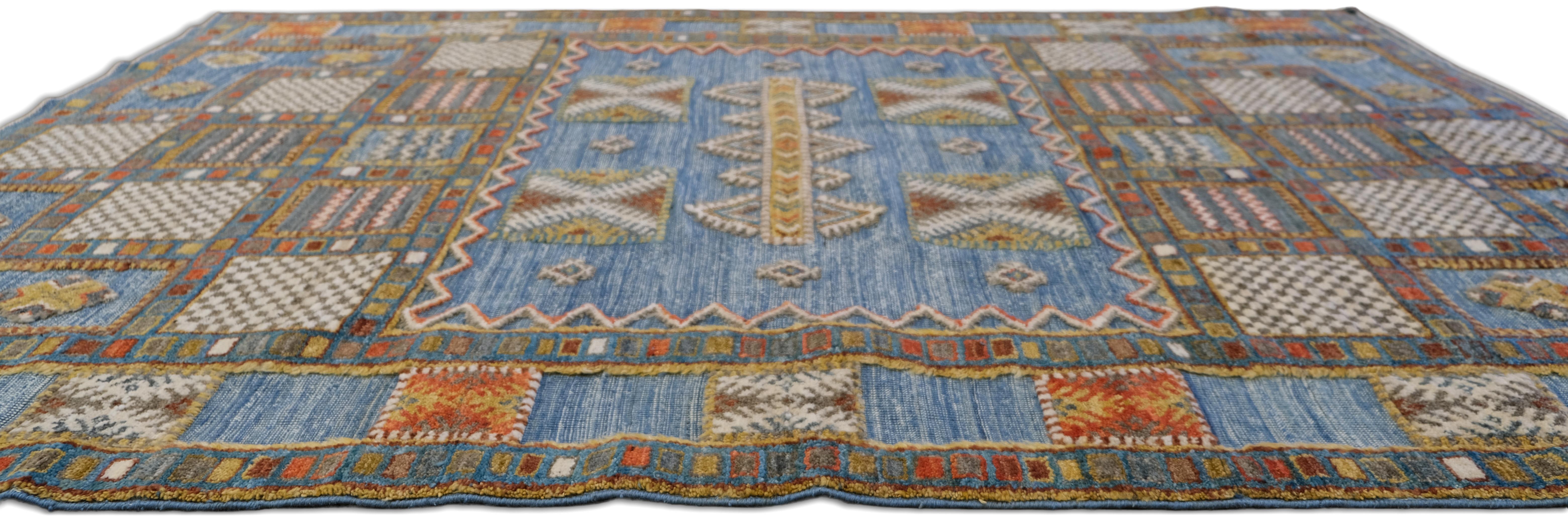 Tribal Moderno Azul Óxido  Alfombra de lana geométrica 5'8''x8'3'' Afgano en venta