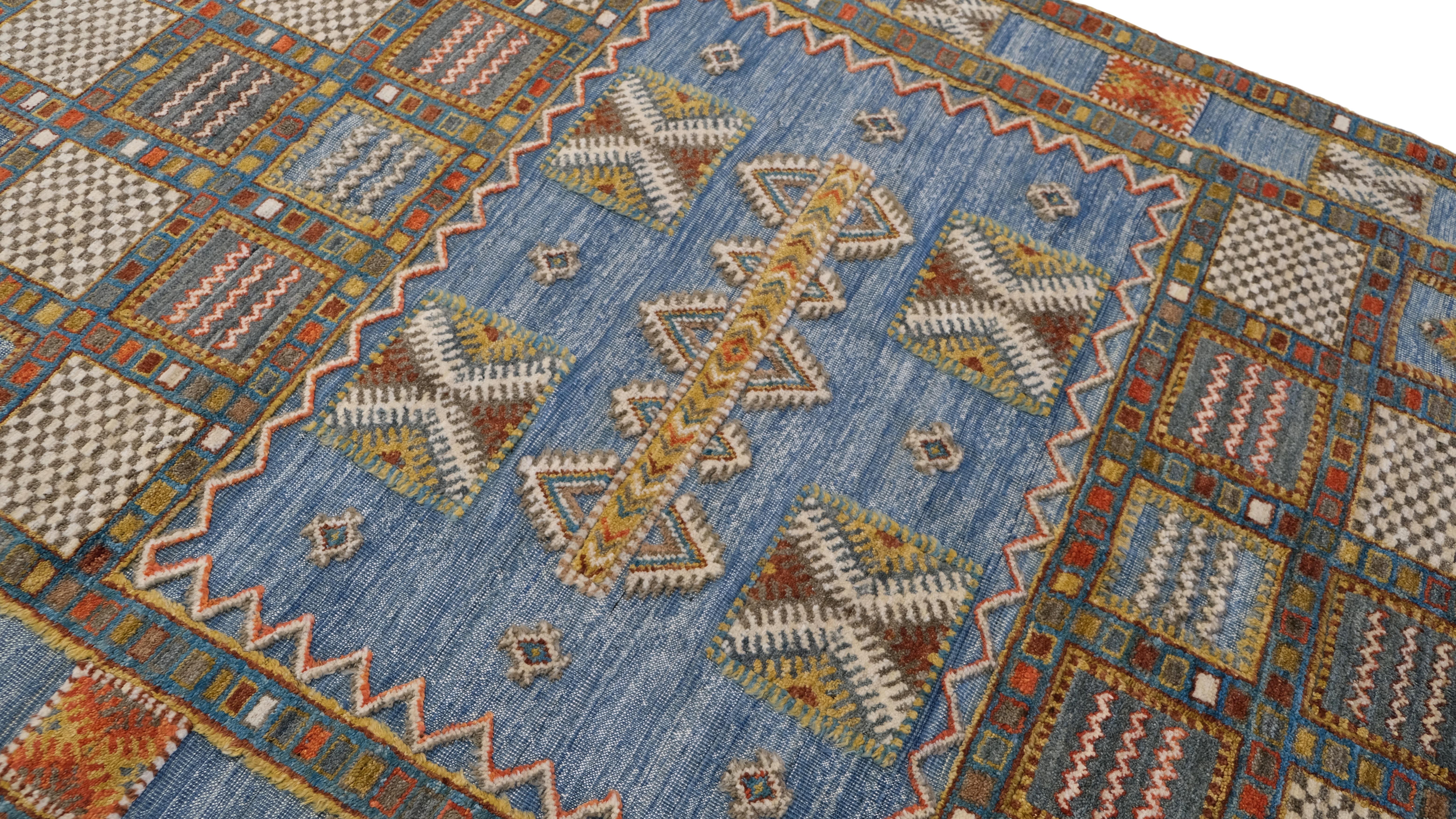 Tribal Moderno Azul Óxido  Alfombra de lana geométrica 5'8''x8'3'' Anudado a mano en venta
