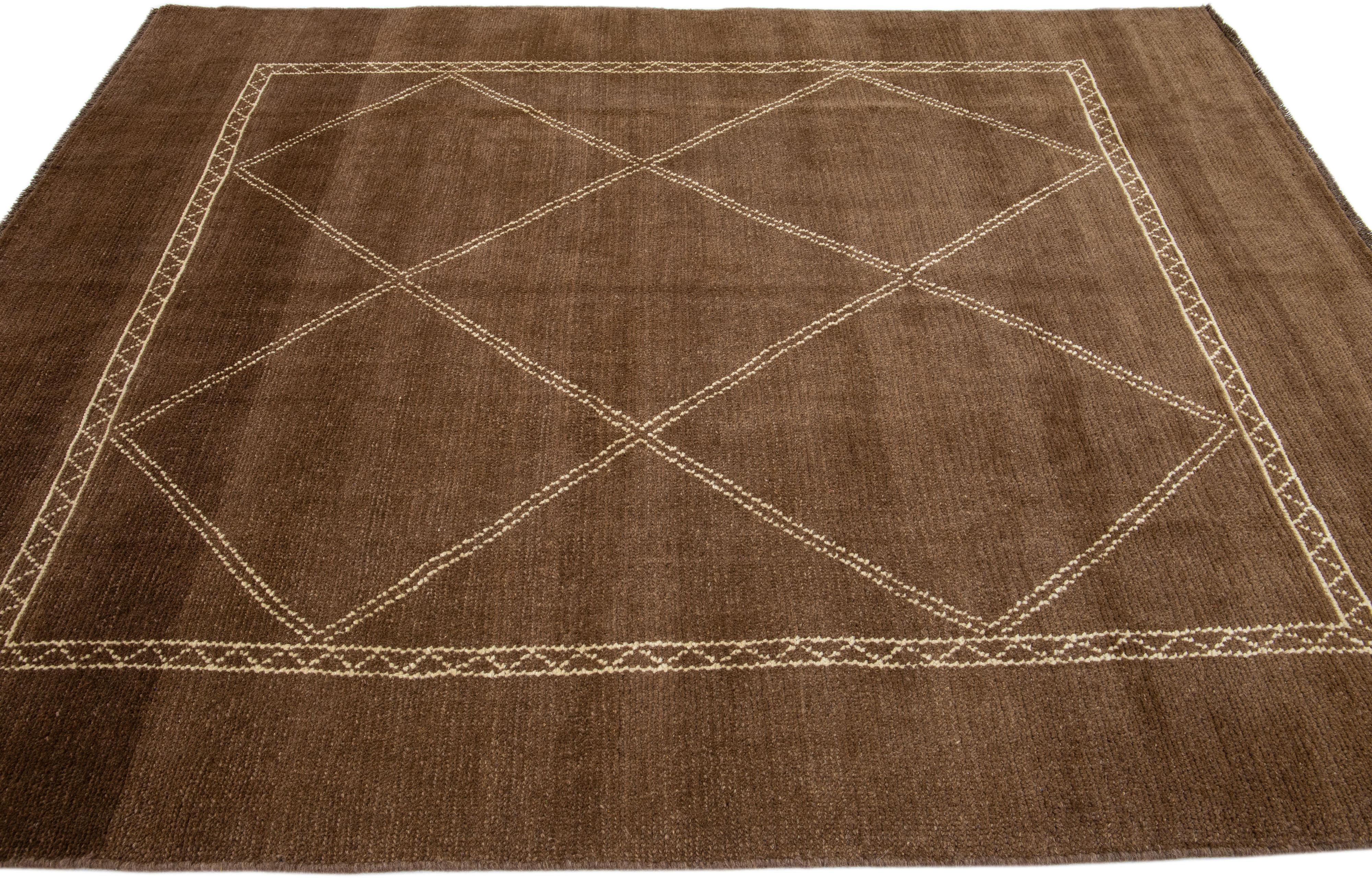 Hand-Knotted Tribal Modern Moroccan Style Handmade Brown Wool Rug by Apadana For Sale