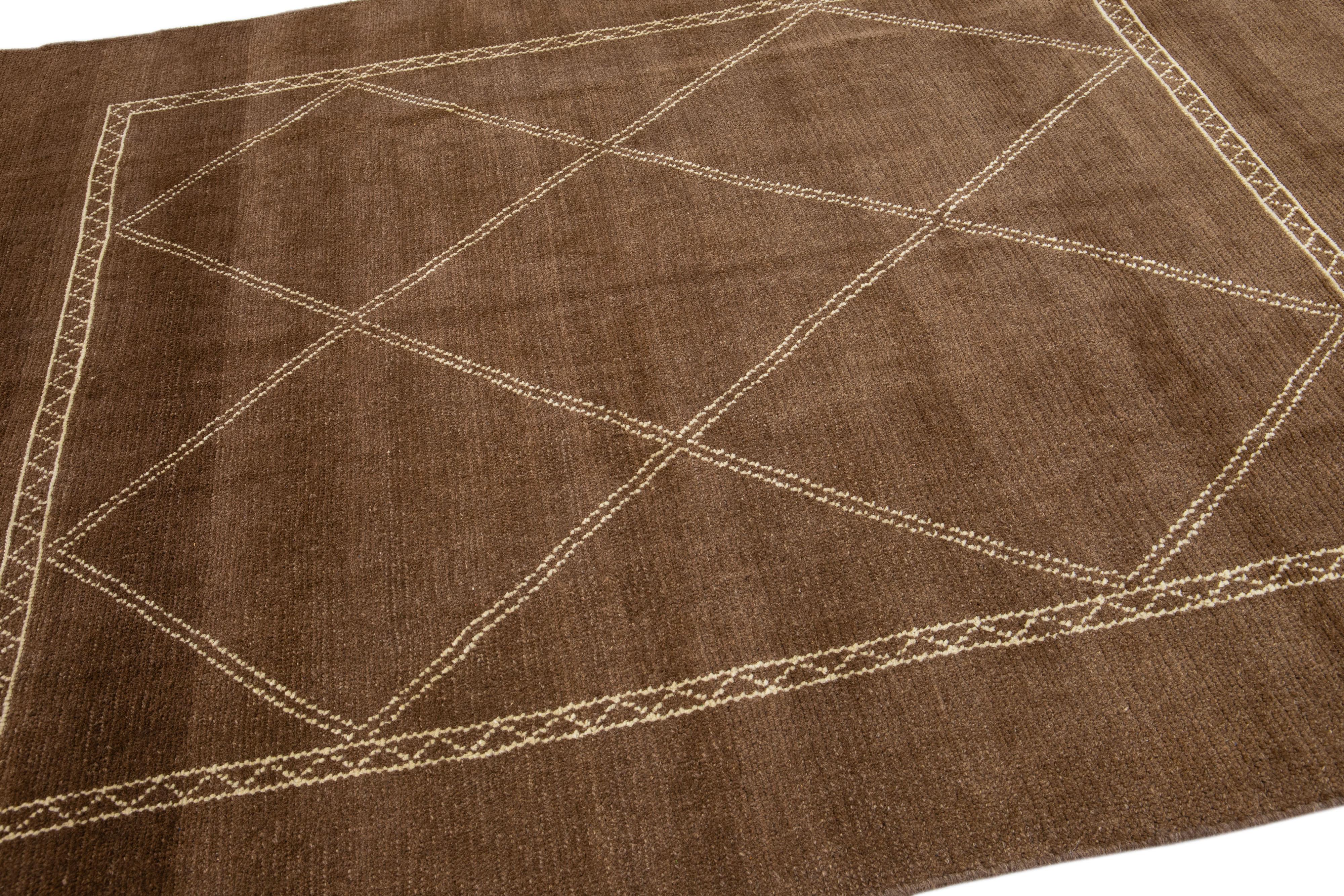 Tribal Modern Moroccan Style Handmade Brown Wool Rug by Apadana In New Condition For Sale In Norwalk, CT