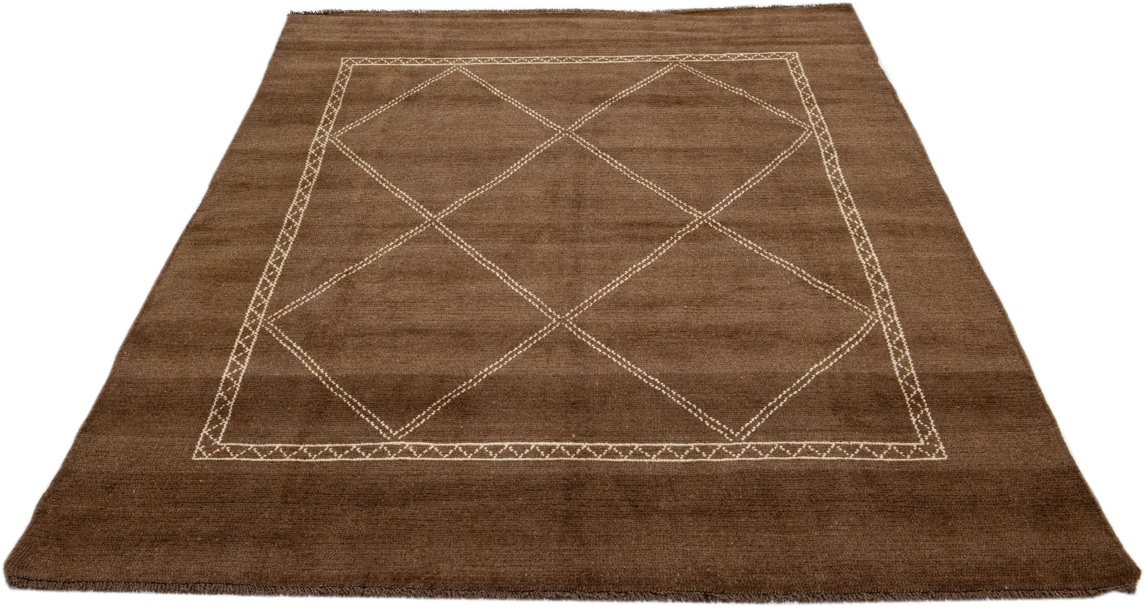 Tribal Modern Moroccan Style Handmade Brown Wool Rug by Apadana For Sale 1