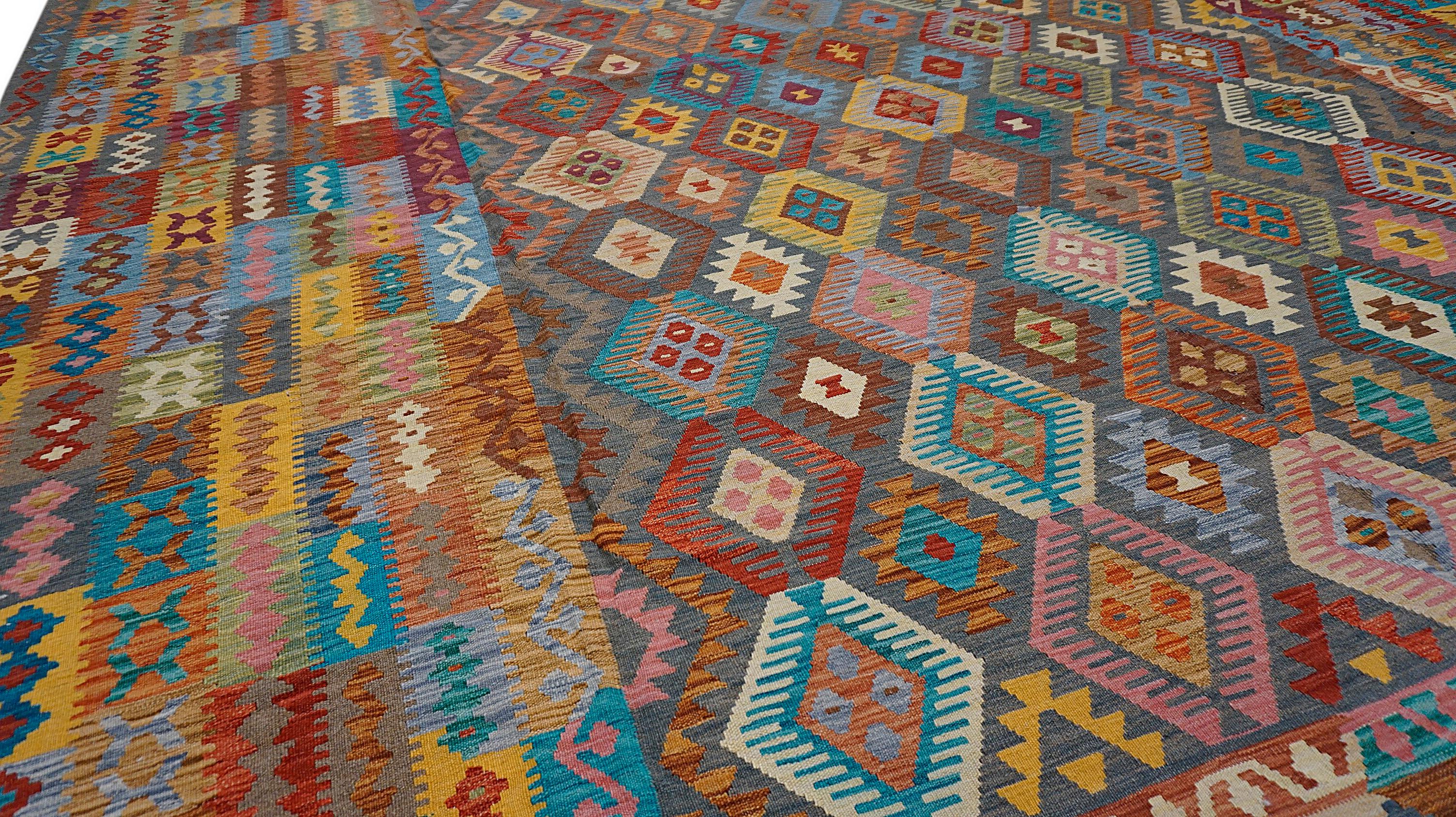 Pakistani Tribal Modern Multicolored Diamond Designed Wool Kilim 13'x15'11'' For Sale