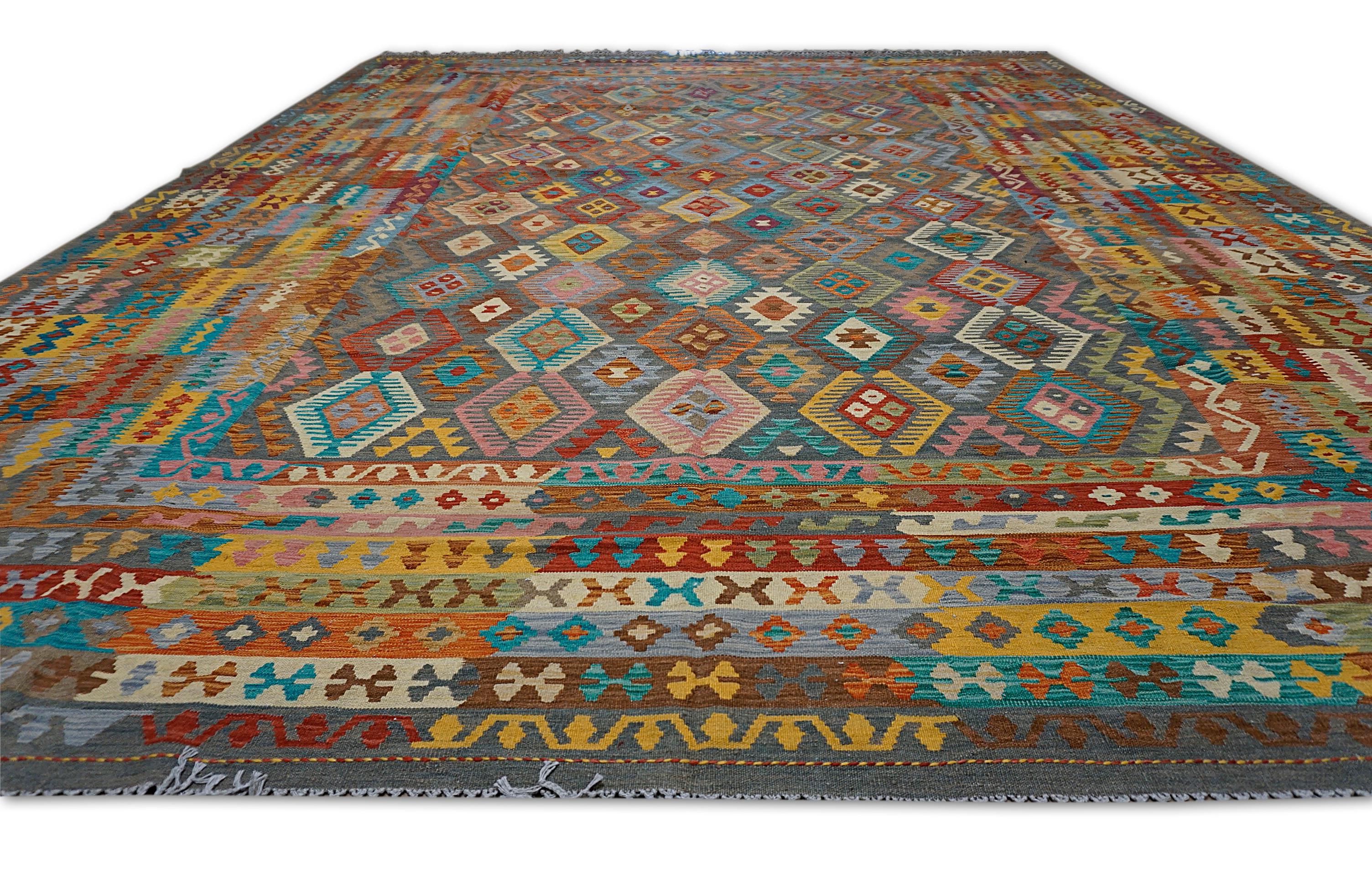Hand-Woven Tribal Modern Multicolored Diamond Designed Wool Kilim 13'x15'11'' For Sale