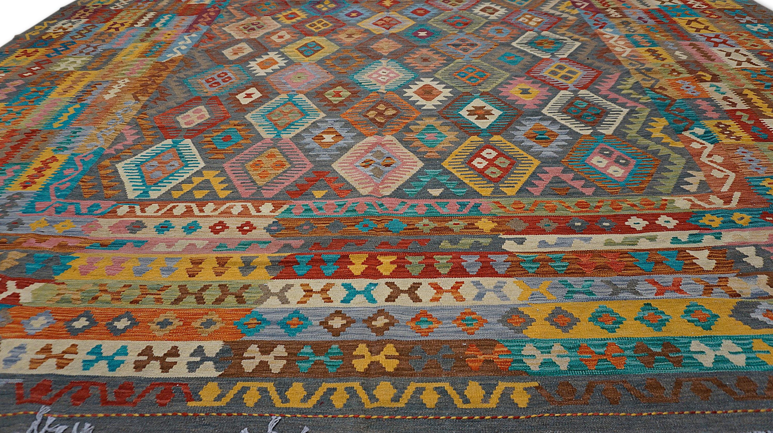 Tribal Modern Multicolored Diamond Designed Wool Kilim 13'x15'11'' In New Condition For Sale In Torrance, CA