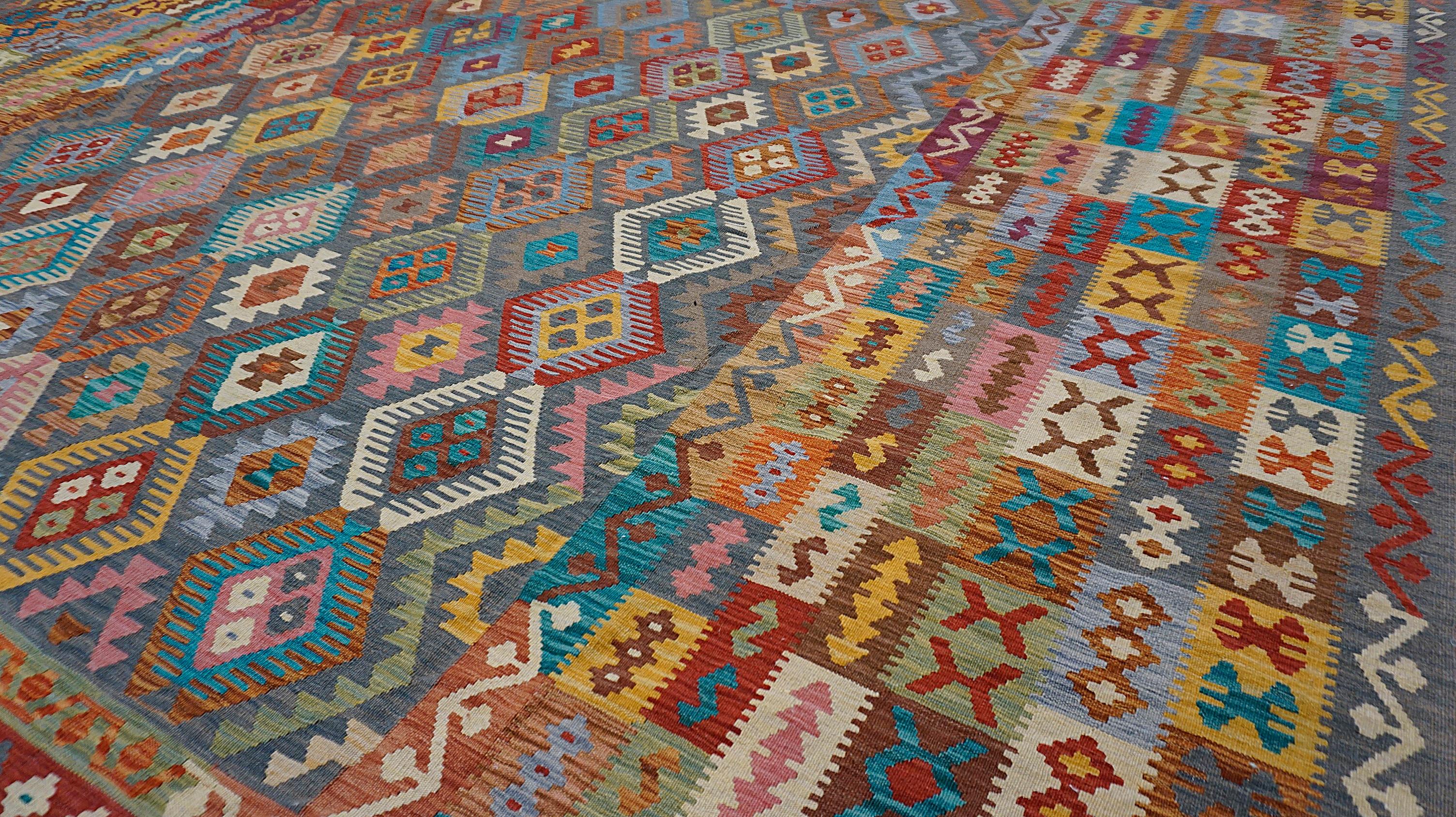 Contemporary Tribal Modern Multicolored Diamond Designed Wool Kilim 13'x15'11'' For Sale