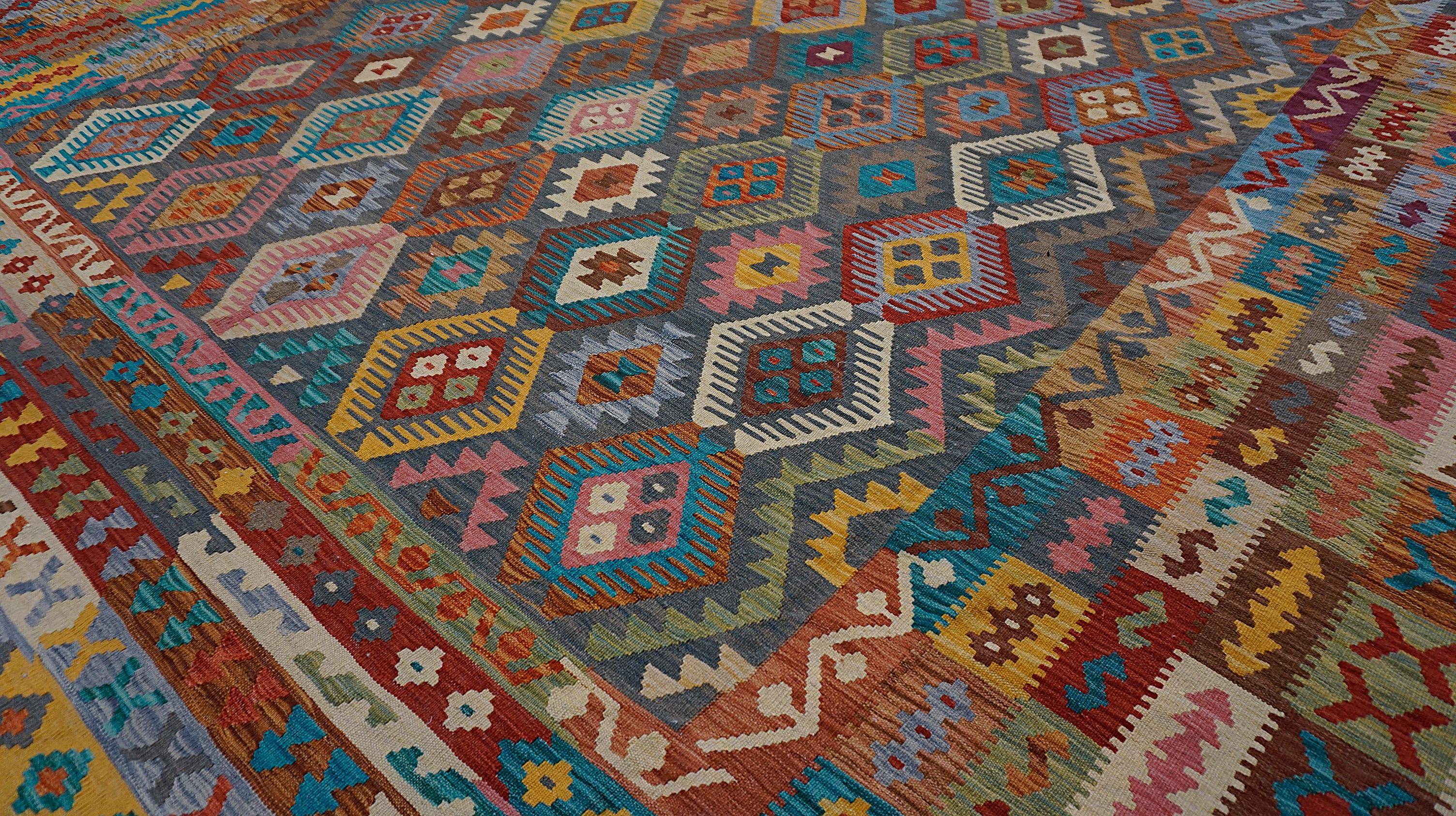 Tribal Modern Multicolored Diamond Designed Wool Kilim 13'x15'11'' For Sale 1