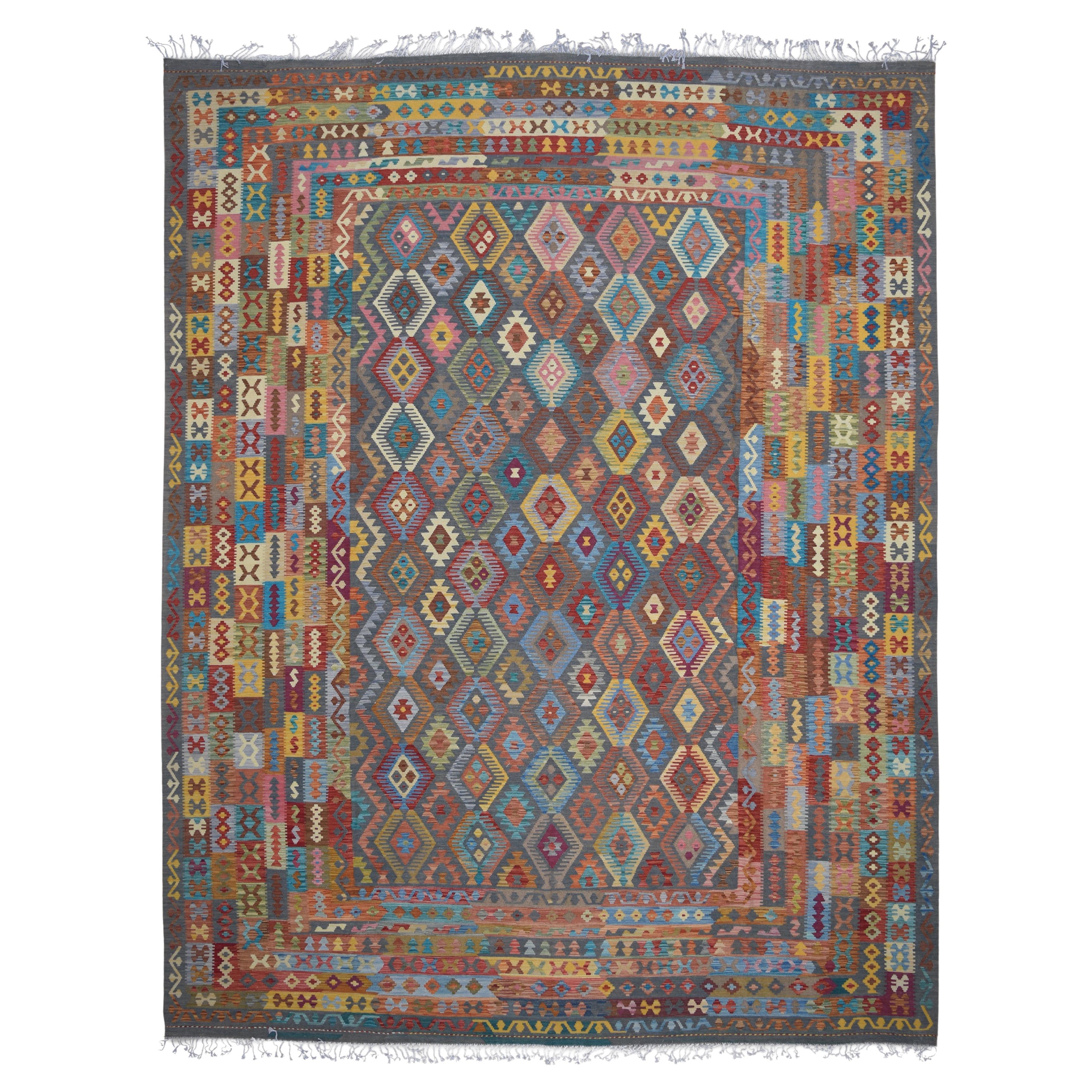 Tribal Modern Multicolored Diamond Designed Wool Kilim 13'x15'11'' For Sale