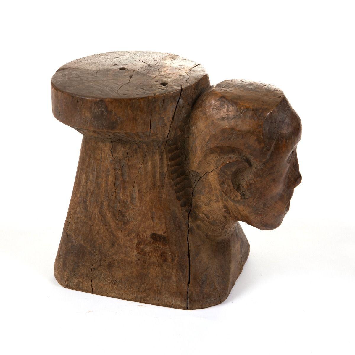 Taburete Tribal de Madera de Molave con Cabeza Masculina Tallada Arte popular en venta