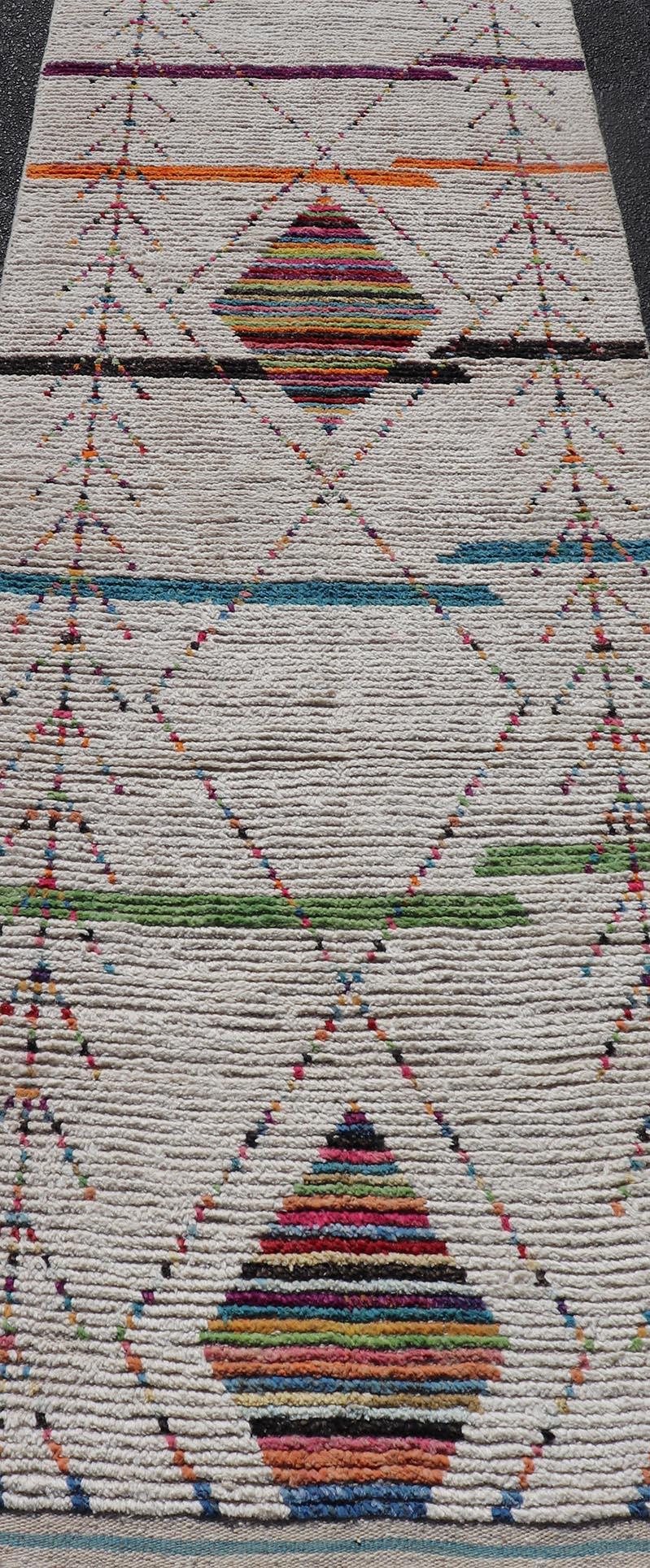 Afghan Tribal Moroccan Runner in Wool with Geometric Diamond Design On A Ivory Field For Sale