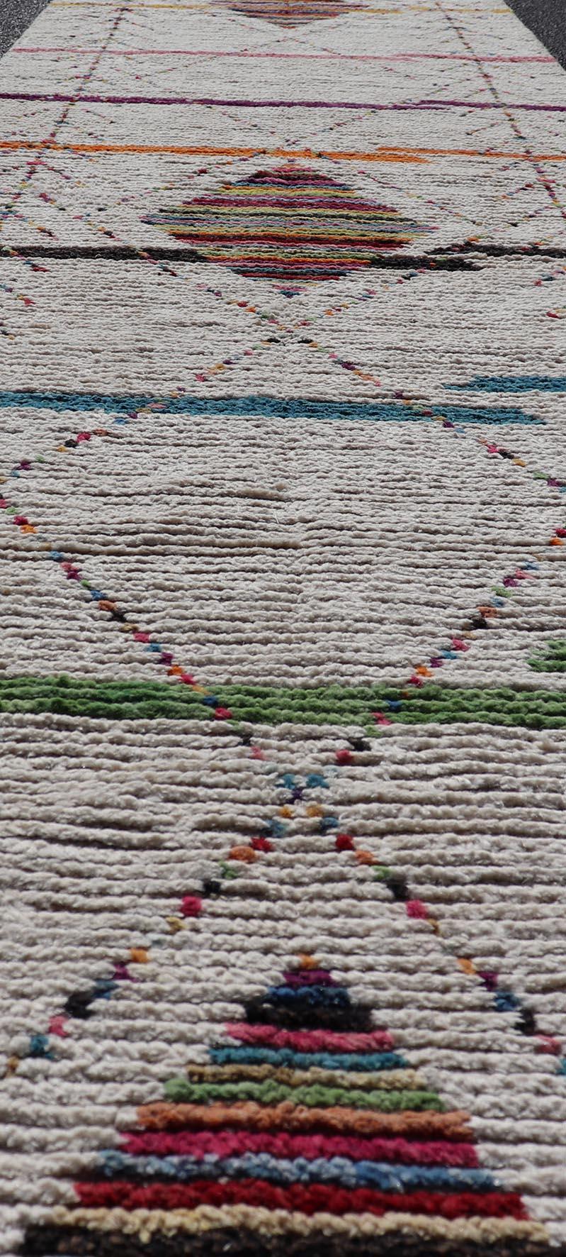 Hand-Knotted Tribal Moroccan Runner in Wool with Geometric Diamond Design On A Ivory Field For Sale