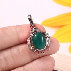 Boho Tribal Natural Diamond Real Onyx deep green lotus sterling silver Pendant