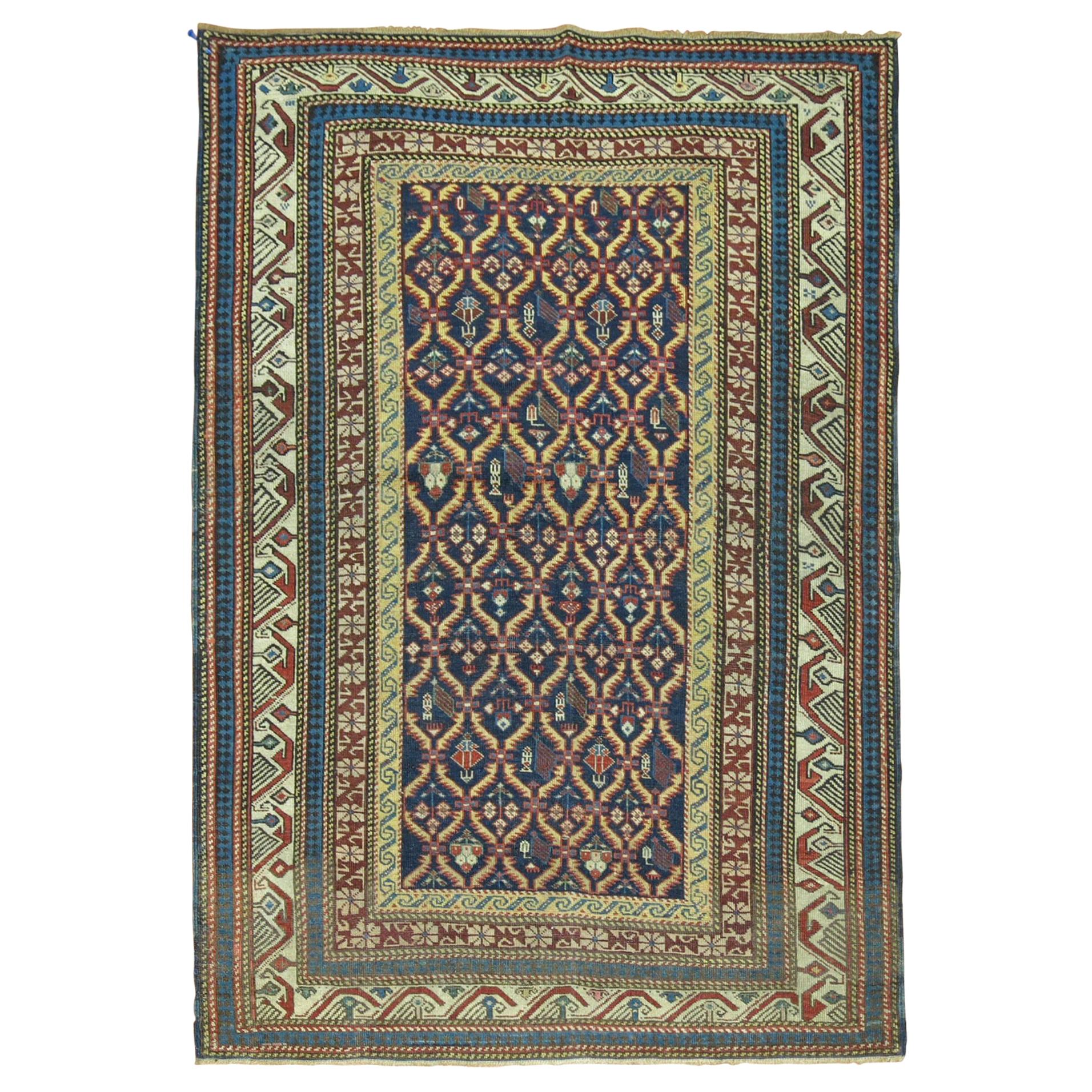 Tribal Navy Blue Antique Kuba Caucasian Handwoven Early 20th Century Rug For Sale