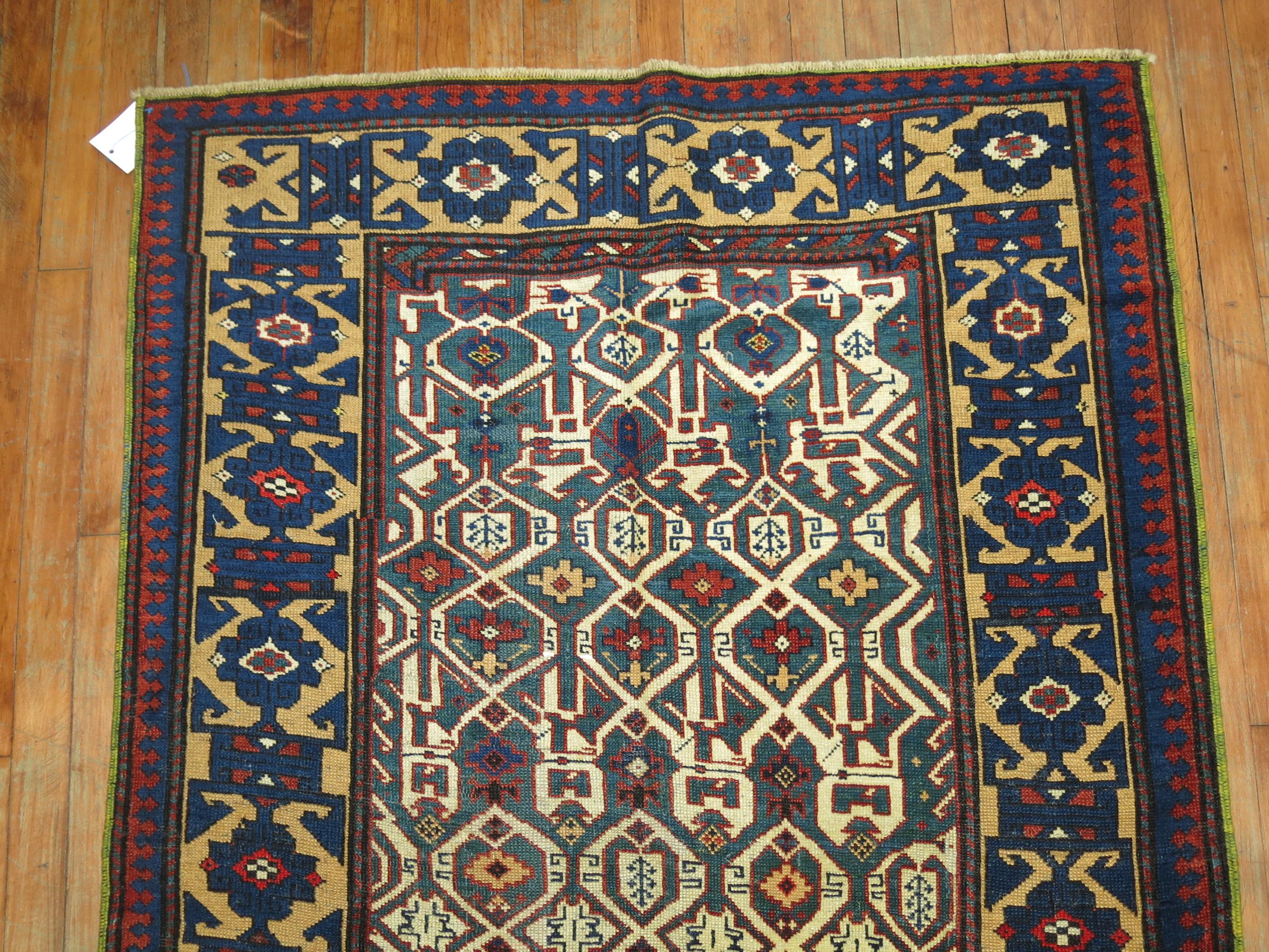 Kaukasischer Kuba-Teppich im Stammesstil in Marineblau und Dunkelgrün (Handgewebt) im Angebot