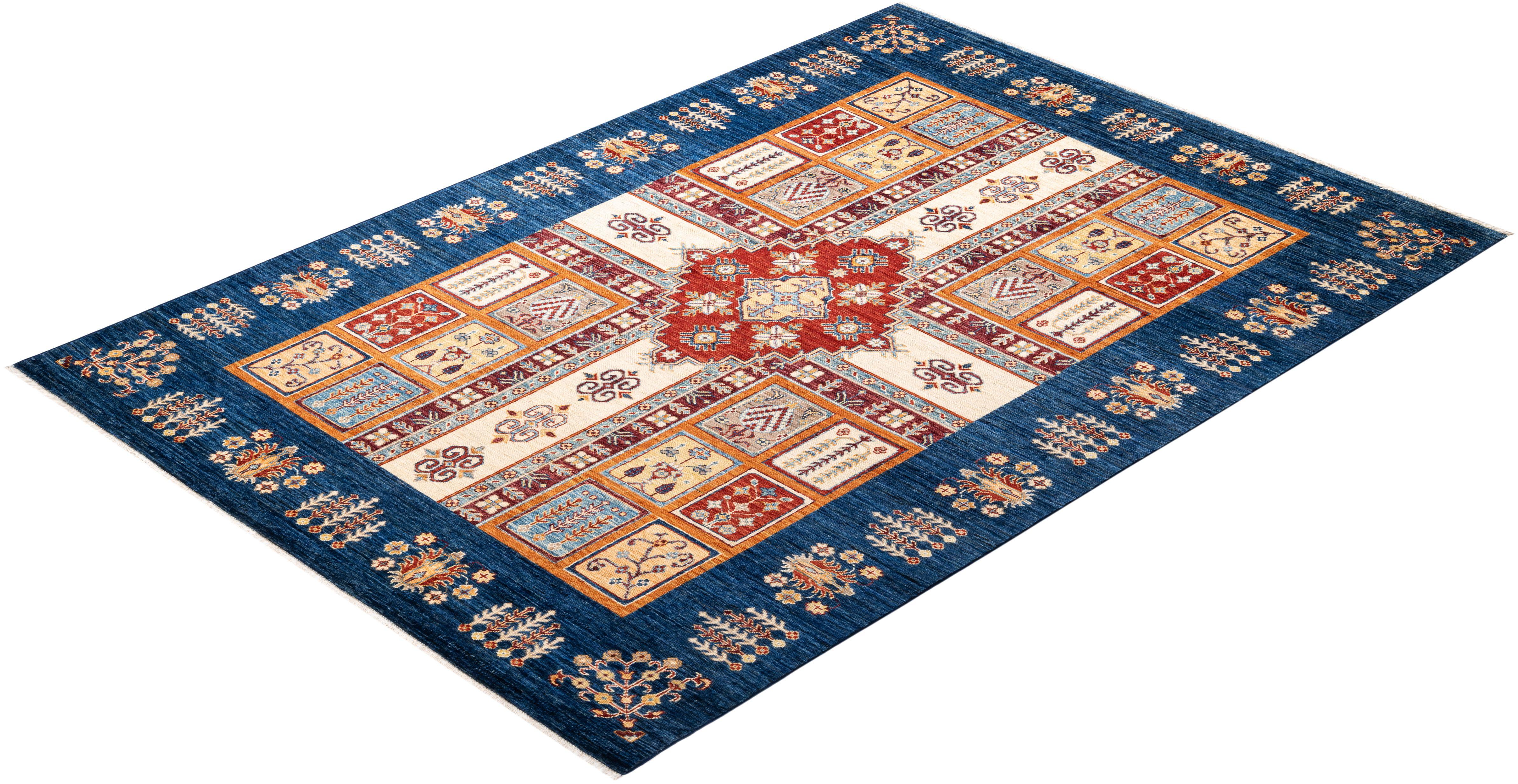 Handgeknüpfter Stammes-Teppich, ein Unikat  Blau - 5' 8 Zoll x 7' 11 Zoll im Angebot 1